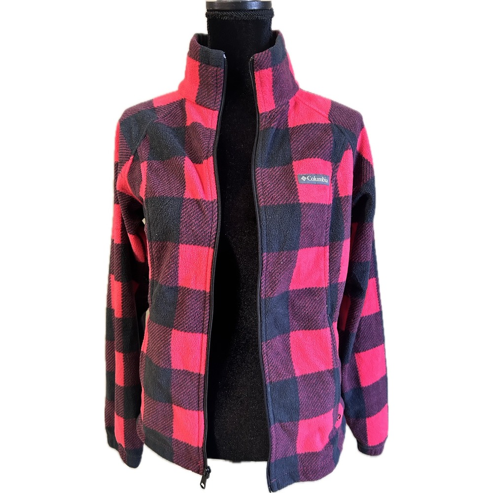 Columbia Benton Springs Fleece Jacket Womens M Red Black Buffalo Plaid Full Zip